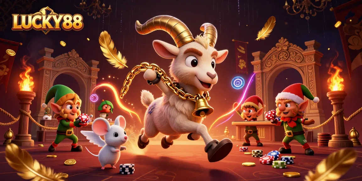 LUCKY88 illustrates Krampus goat in a spooky casino, angel mouse enforcing order, and elf gremlins taking chips.