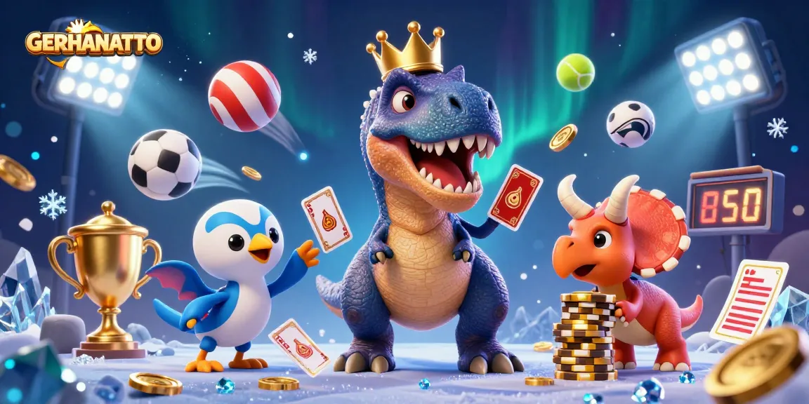 GERHANATOTO menyajikan momen seru taruhan dengan T-Rex dan teman-temannya dalam ilustrasi kasino yang ceria.