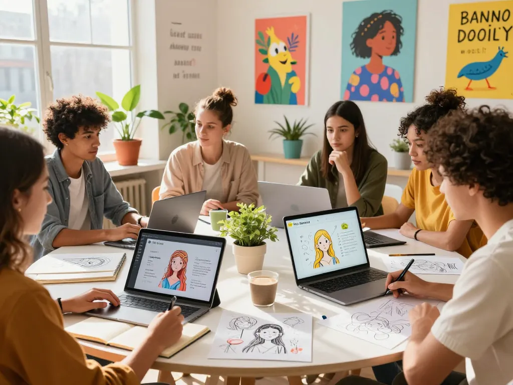 Creative team collaborating using nano banana 2 in a vibrant studio.