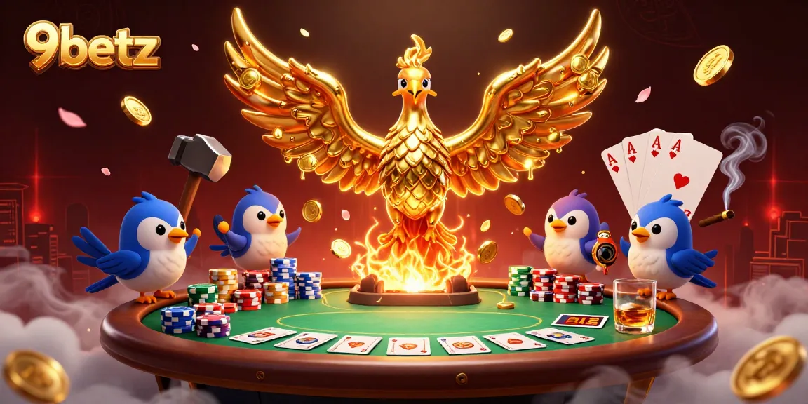 Experience the thrill of 9betz with molten gold phoenix and vibrant poker scene.