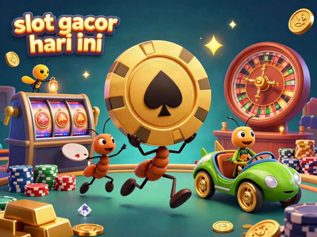 Geng semut mengangkat chip poker emas raksasa dalam suasana kasino slot gacor hari ini yang ceria.