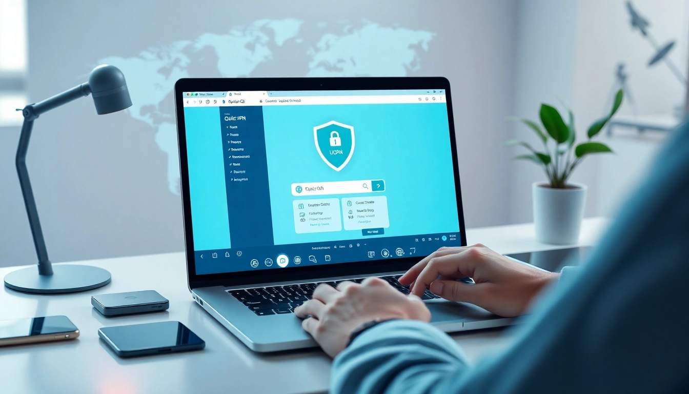 现代工作区中笔记本电脑上的 QuickQ官网 VPN 界面，显示全球连接元素。