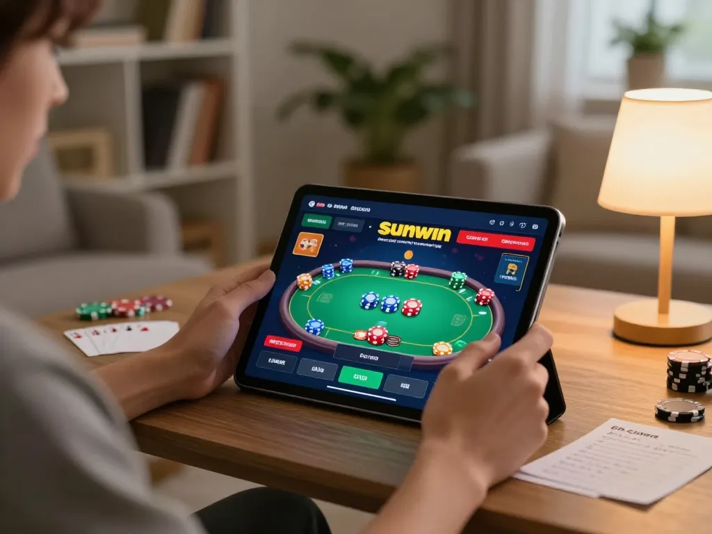 Người chơi tương tác với ứng dụng Sunwin, thể hiện trò chơi poker năng động trong một không gian ấm cúng