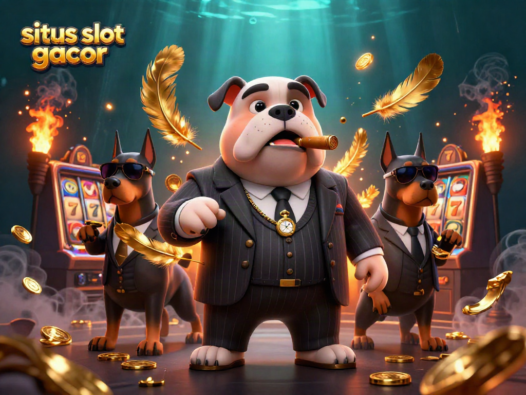 Experience situs slot gacor with a dynamic 3D illustration featuring a mafia boss and Dobermans amidst slot machines.