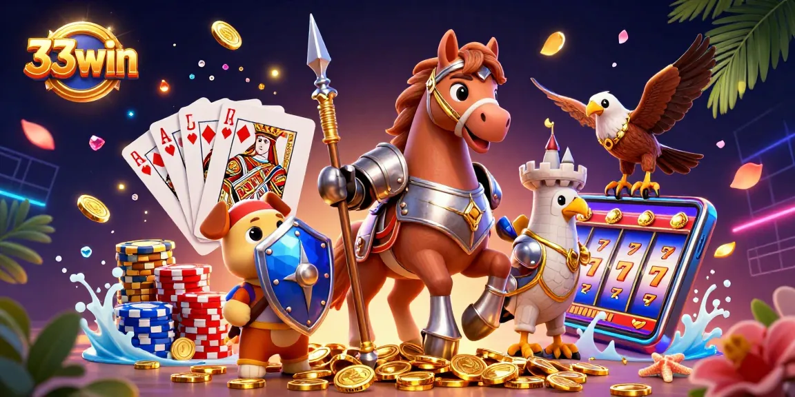 Engage with the bright gameplay of 33win as a knight and friends celebrate wins amidst casino treasures.