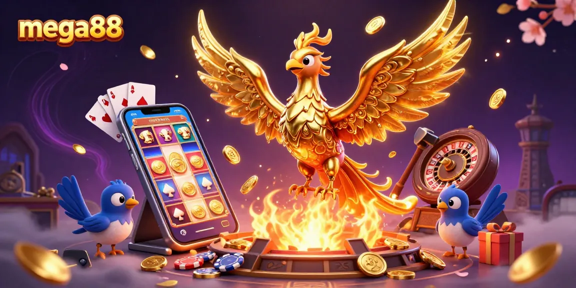 Permainan mega88 dengan phoenix emas menyala dan koin bersinar dari slot game yang berputar.