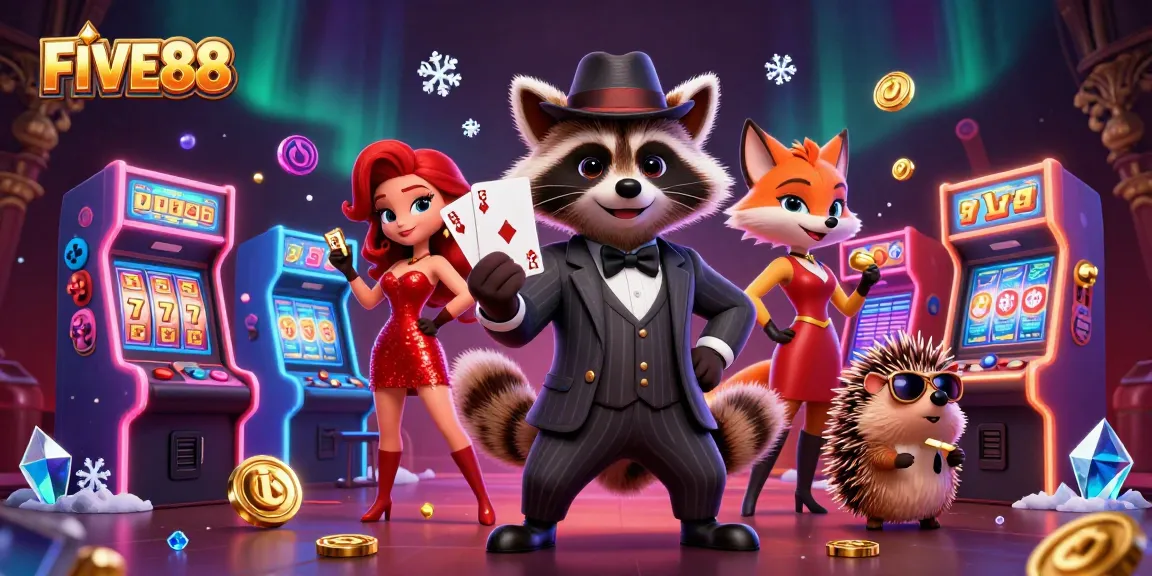 Experience the thrill of FIVE88 with a raccoon in a pinstripe suit at a vibrant casino scene.
