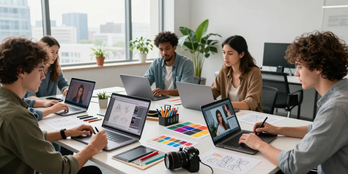 Collaborative artists using an image to prompt generator in a modern workspace