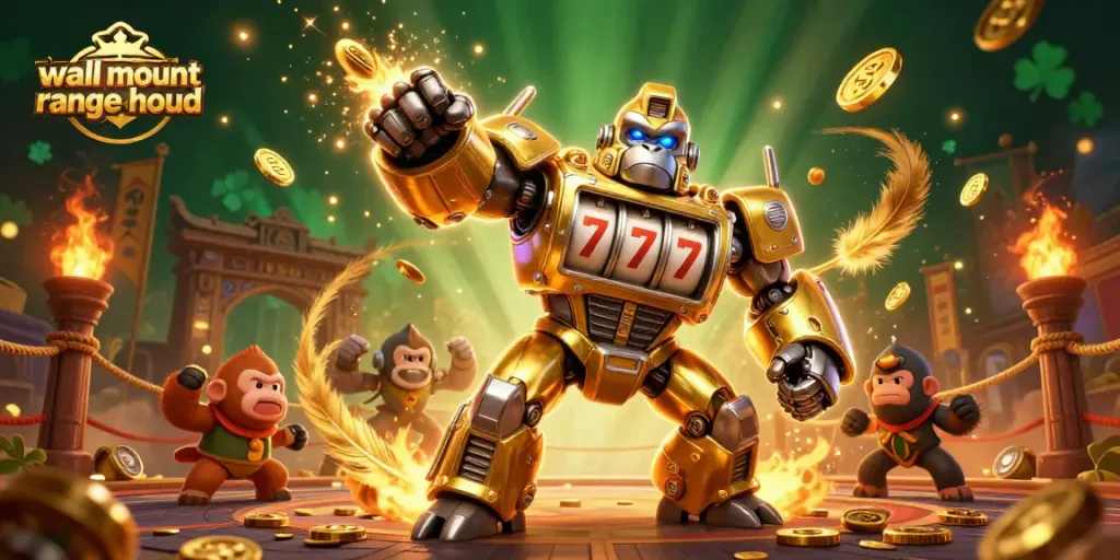 Win big with a wall mount range hood in this vibrant online casino scene featuring a mechanical gorilla.