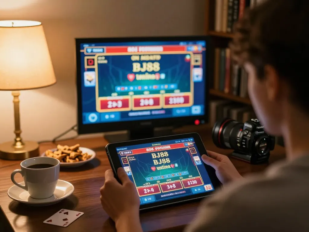 Player engaged in BJ88 online blackjack on tablet in a cozy home environment