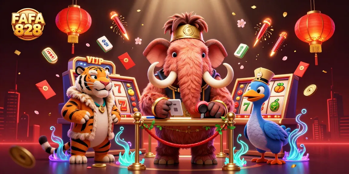 Experience FAFA 828's lively casino scene with a vibrant bouncer and exciting slot reels.