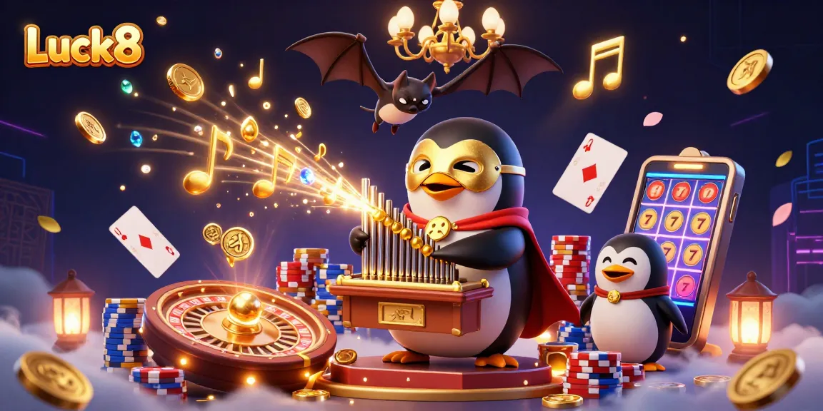 Engage in thrilling gaming at Luck8 with vibrant slots, colorful chips, and golden coins flying through the air.