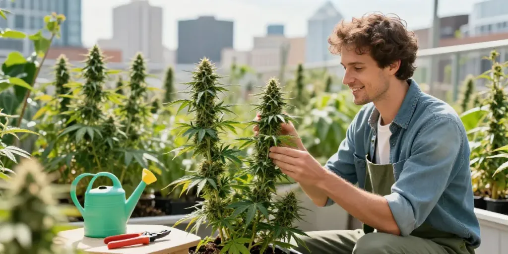 Autoflower Samen kaufen: Gardener checking vibrant THC cannabis plants in sunny urban garden.