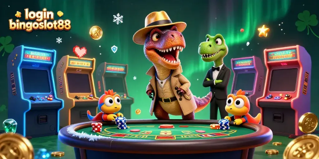 Login bingoslot88 dengan karakter dinosaurus di kasino, menyuguhkan pengalaman bermain yang seru.