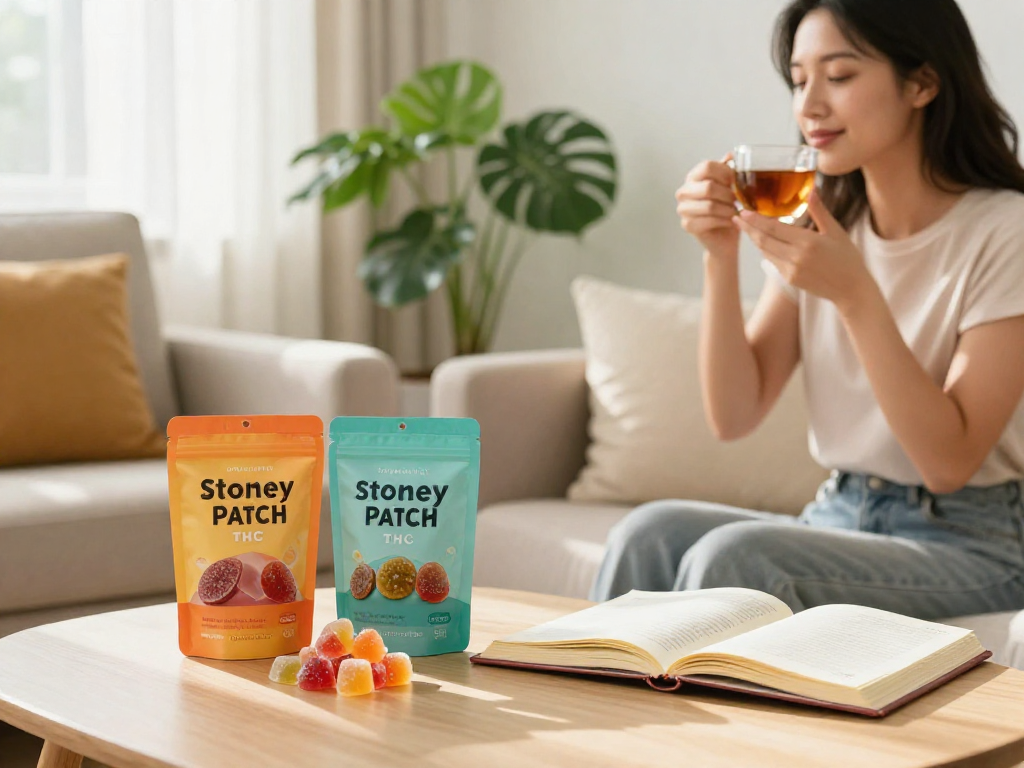 Stoney Patch review 500mg with THC gummies amid a peaceful wellness routine, showcasing organic quality and natural benefits.