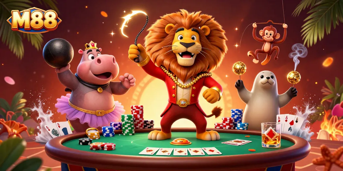 M88 brings excitement with a colorful scene of a circus-themed casino featuring cartoon characters and dynamic games.