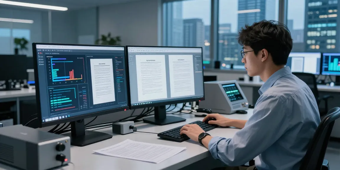 Verify PDFs with AI technology to detect pdf fraud, showcasing a data scientist in a high-tech lab.