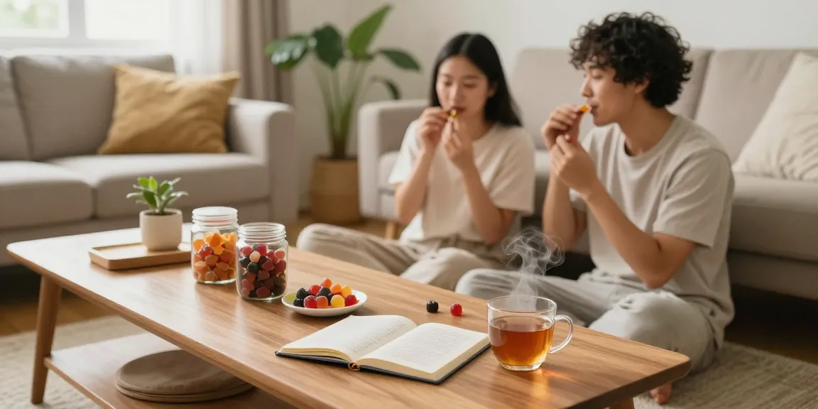 Edibles weed experience: Couple sharing CBD gummies in a cozy wellness-centered living room, promoting relaxation.