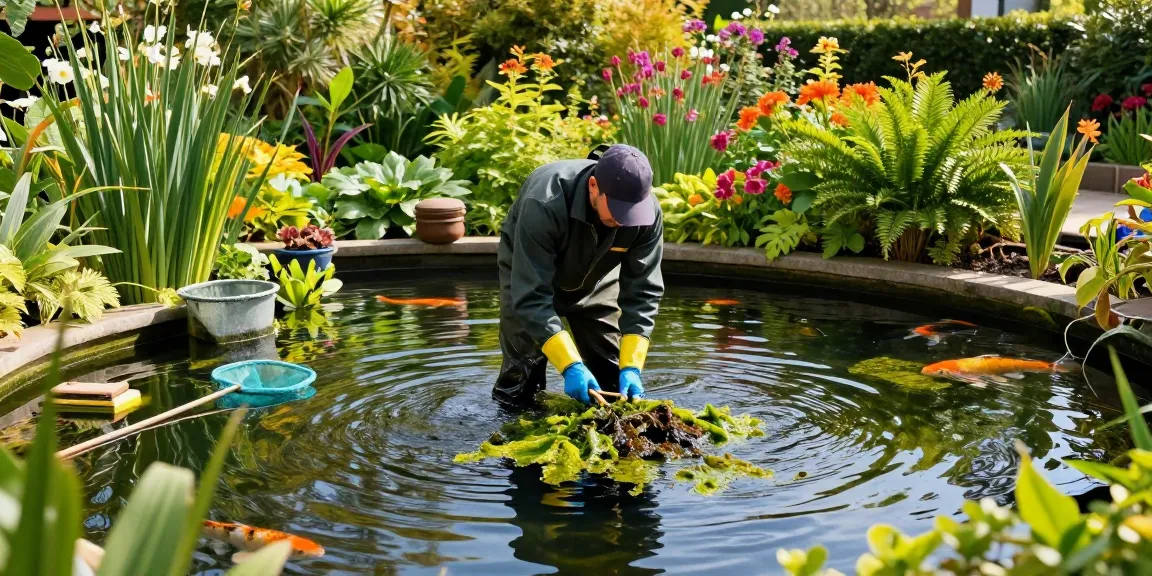 Pond Cleaning London service removing algae and debris from a garden pond in spring.