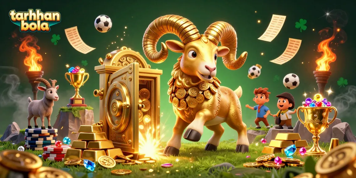 Engaging taruhan bola scene with a golden ram charging, trophy, and betting slips in action.