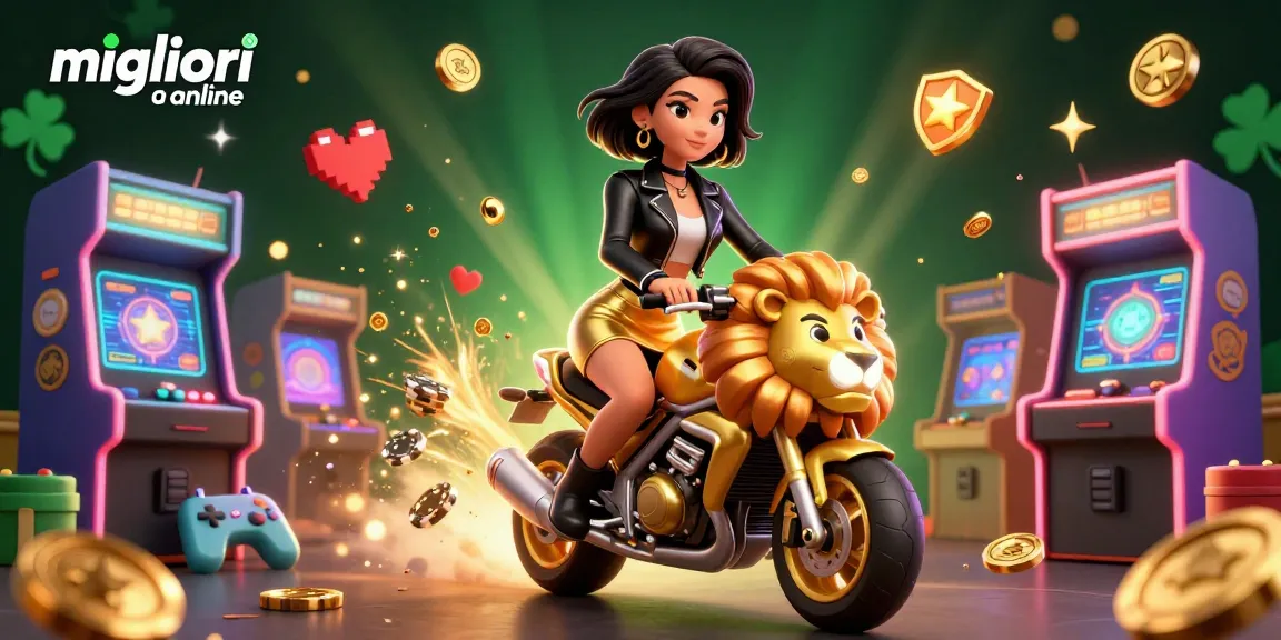 Scopri l'emozione dei migliori casinò online con una scena glamour di una donna che cavalca una mascotte leone dorato tra colorati elementi di gioco.