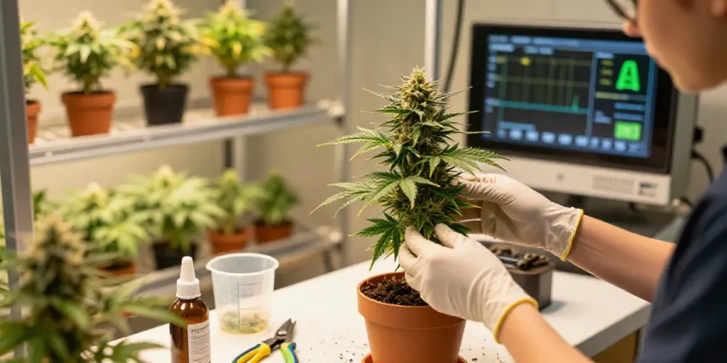 Autoflower Samen kaufen in einer hellen Indoor-Gartenlandschaft mit einer Person, die Cannabis-Pflanzen pflegt.