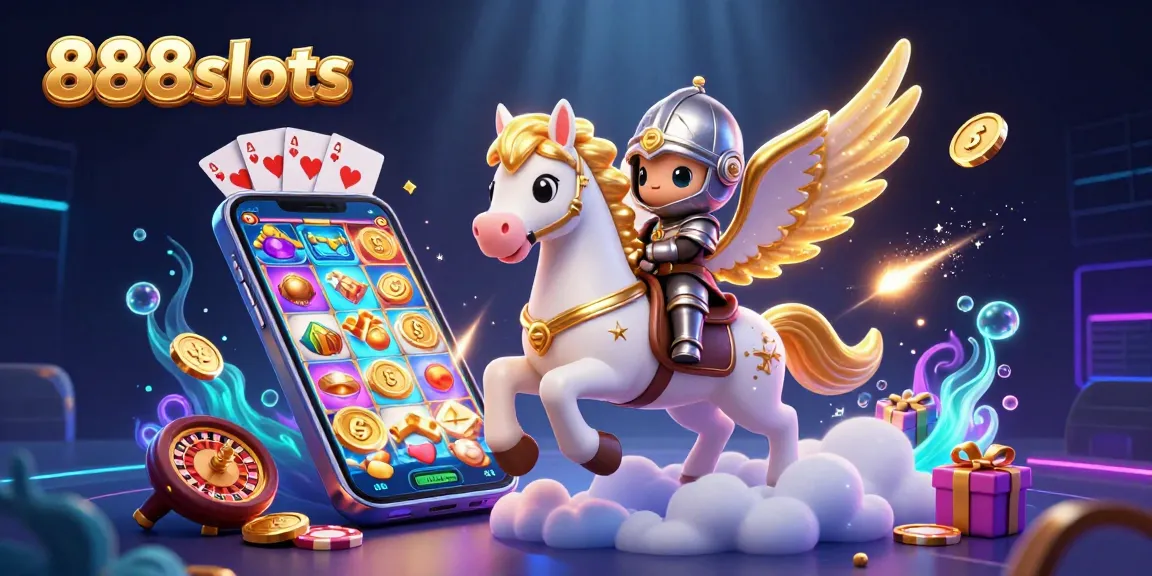 Spin and win with 888slots featuring a celestial horse, vibrant slot games, and dynamic casino elements.