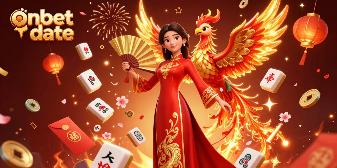 Engage with excitement at onbet date, featuring a charming woman and golden phoenix amidst festive casino elements.