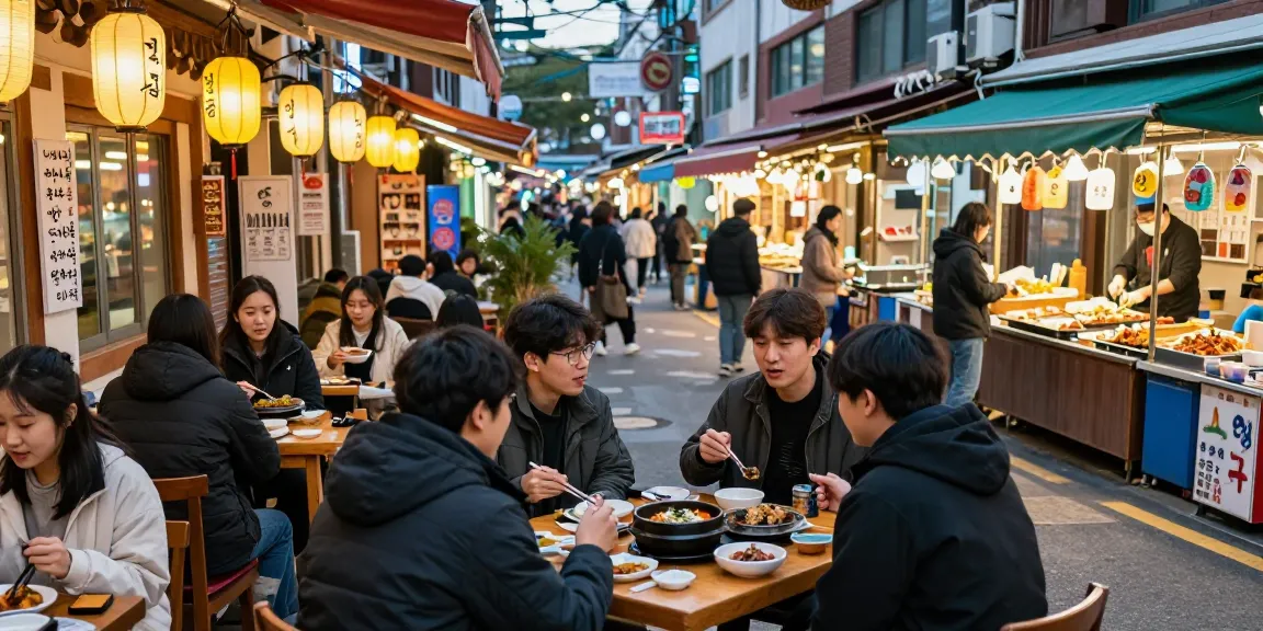 A group enjoying a meal at 상봉동 한국관, surrounded by Korean dishes, vibrant decor, and a lively street market.