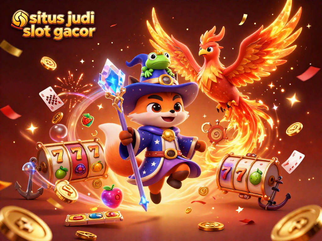 Situs judi slot gacor memikat pemain dengan simbol slot dan keran jackpot, dikelilingi harta dan cahaya.