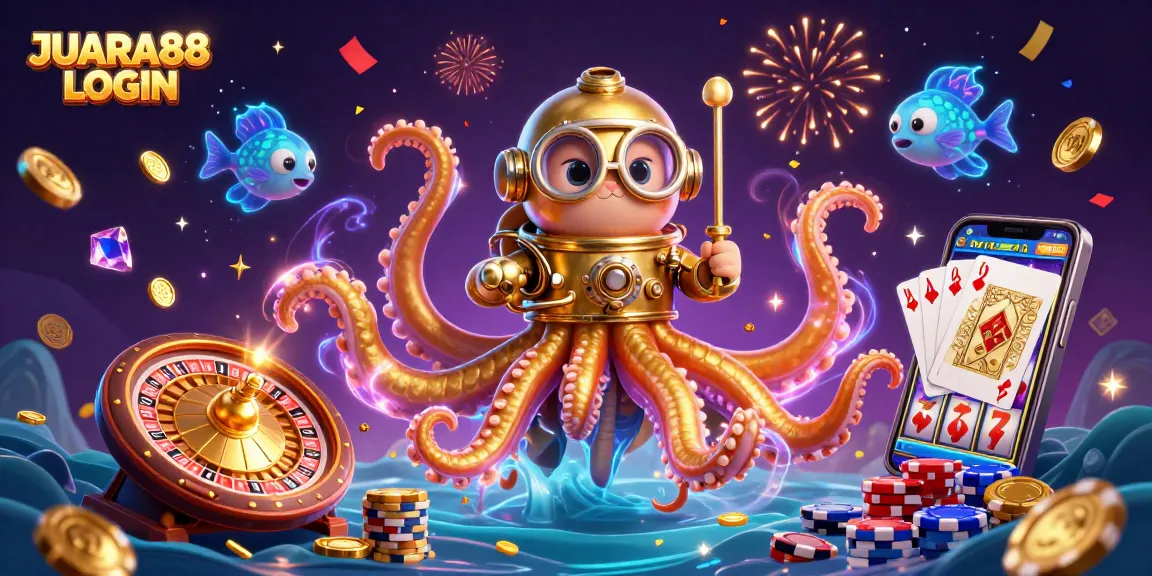 Join the excitement with JUARA88 LOGIN, featuring a cartoon kraken and lucky charms in an animated casino scene.