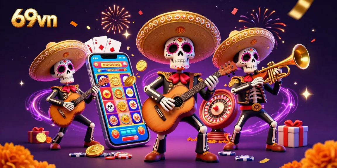 Experience the vibrant action of slots with 69vn featuring mariachi skeletons and festive casino elements.