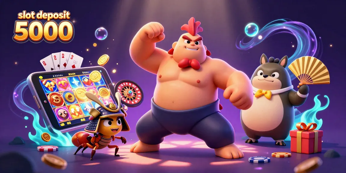 Experience the excitement of slot deposit 5000 as a sumo wrestler rooster and samurai cricket engage in vibrant casino action.