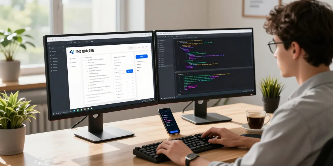 Optimizing 纸飞机中文版 in a modern tech office with dual monitors and vibrant workspace elements.