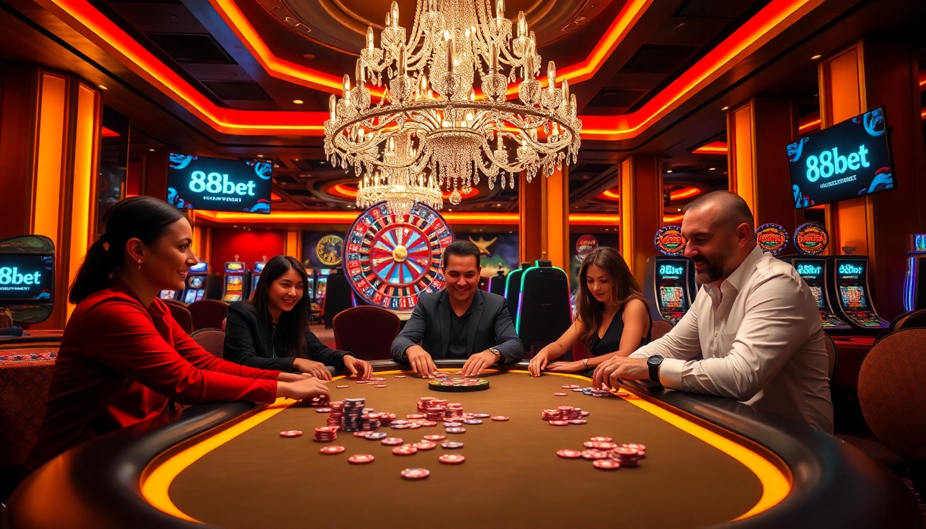 Players enjoying an exciting poker game at 88bet casino table with vibrant colorful chips.