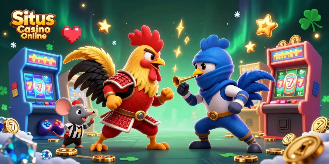 Experience thrilling action at Situs Casino Online, featuring epic rooster battles and vibrant gaming elements.