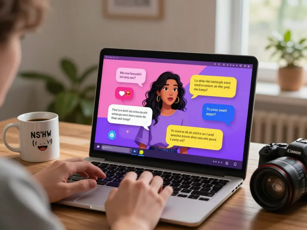 NSFW AI chat scene showing engaging conversations on a laptop in a cozy home setting.