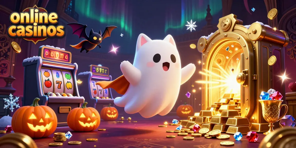 Join the thrill of online casinos with a cartoon ghost cat and vampire bat amidst dynamic slot games.