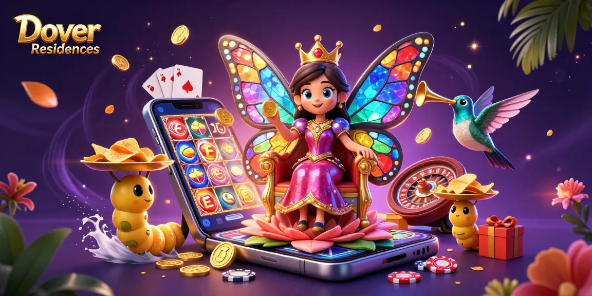 Dover Residences features a vibrant 3D scene of a butterfly queen amidst colorful gambling elements.