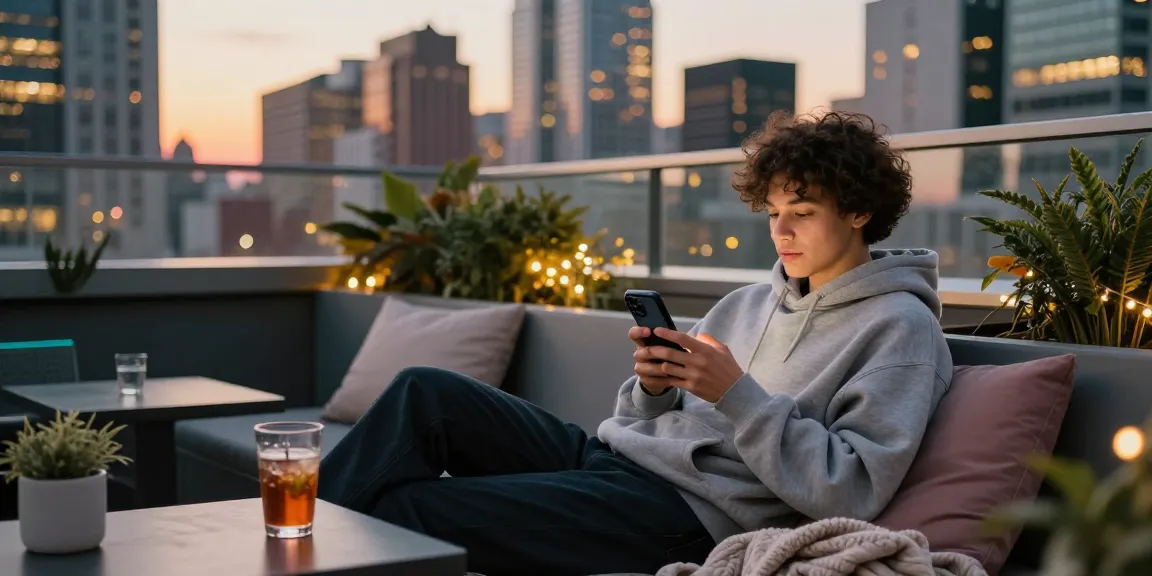 Motchill lifestyle scene with a young adult relaxing on a rooftop terrace enjoying city vibes.