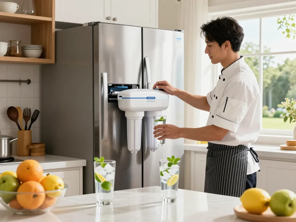 AQUA CREST ADQ73613401 Refrigerator Water Filter being installed in a modern kitchen, emphasizing health and fresh drinking water.