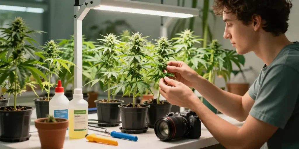 Explore feminised cannabis seeds in a vibrant indoor gardening scene showcasing a grower examining thriving plants.