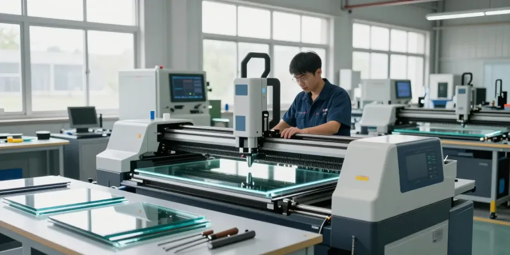 Skilled technician at glass machine manufacturers cutting high-quality glass in a modern facility.
