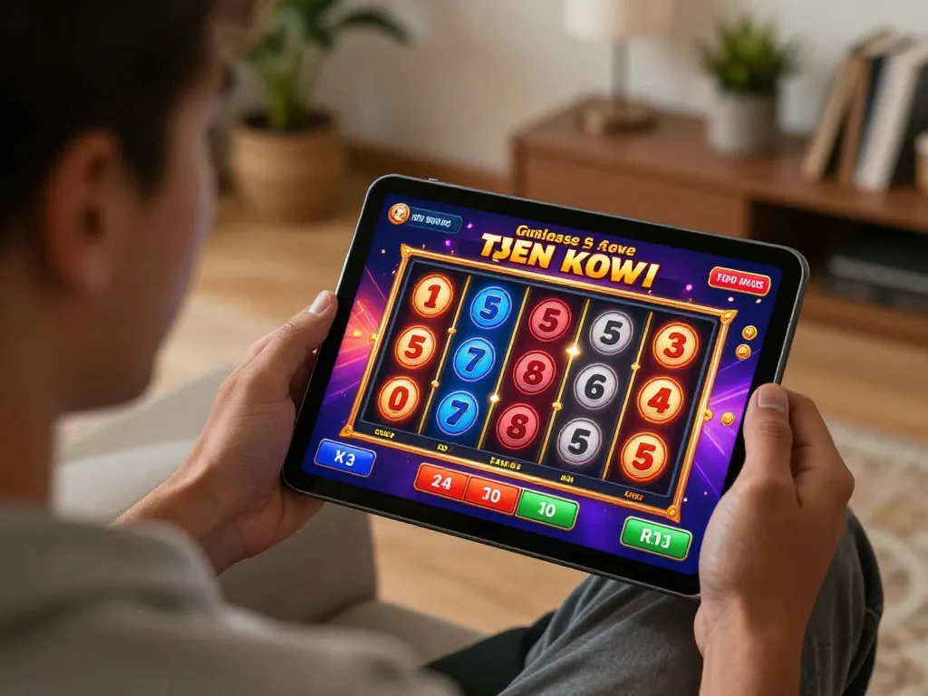 Player enjoying slot bet kecil on tablet, showcasing colorful reels and engaging gameplay.
