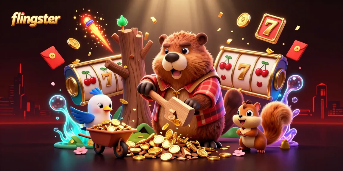 Engage in thrilling gaming with flingster's vibrant 3D scene of cartoon characters and slot reels.