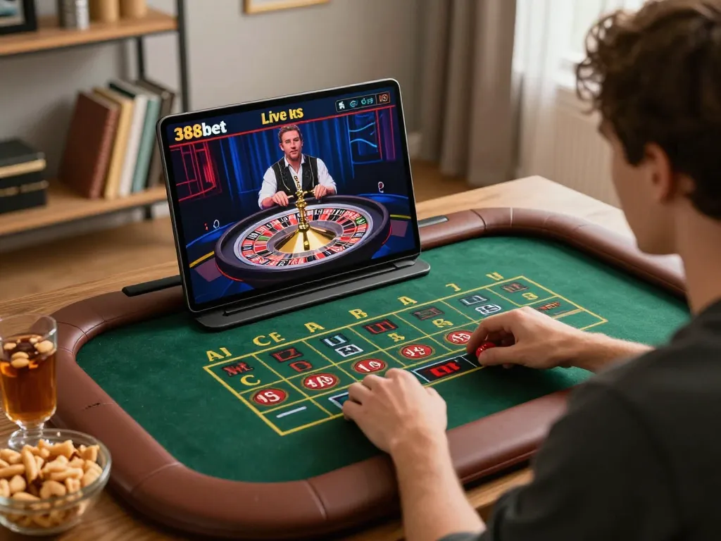 Engaging in a live dealer game on 388bet with snacks and strategy books around.