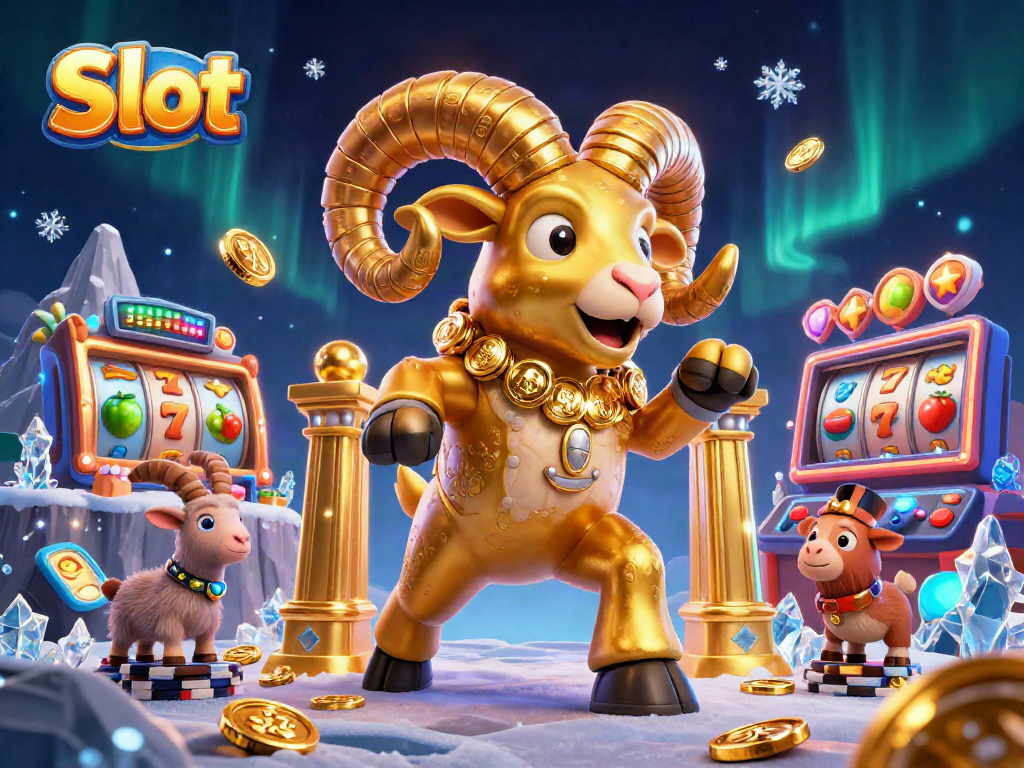 Spin the Slot reels with vibrant colors and a golden ram among gaming excitement.