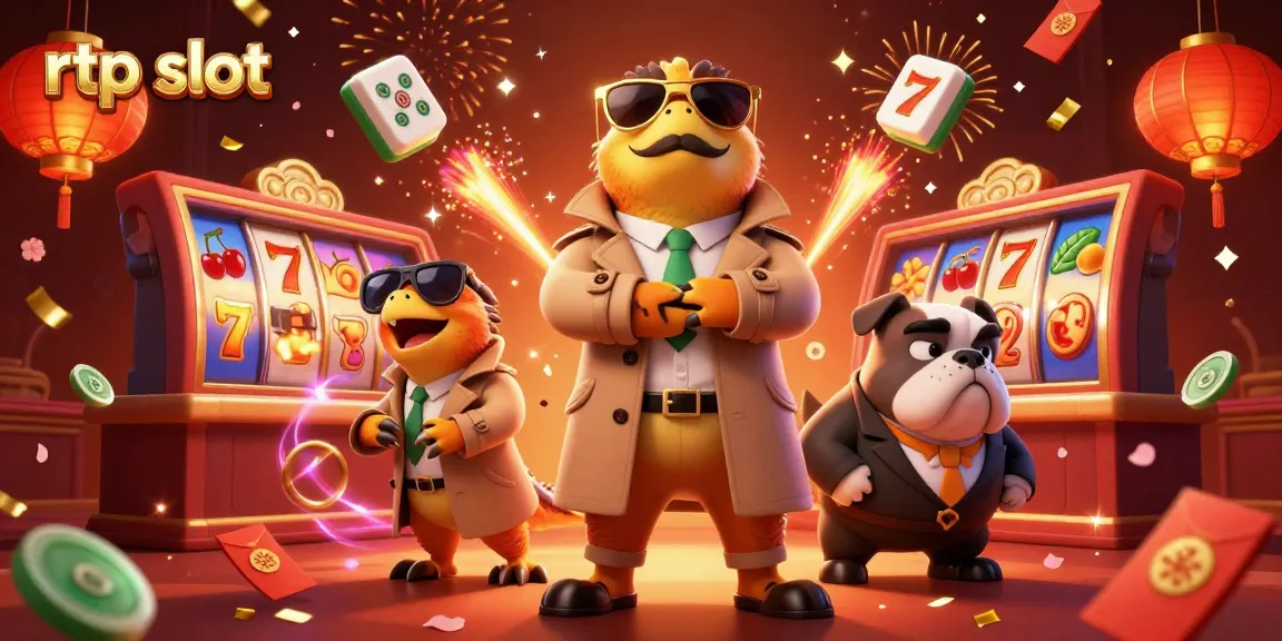 Engage in exciting rtp slot action with raptors in a trench coat in a vibrant casino scene.