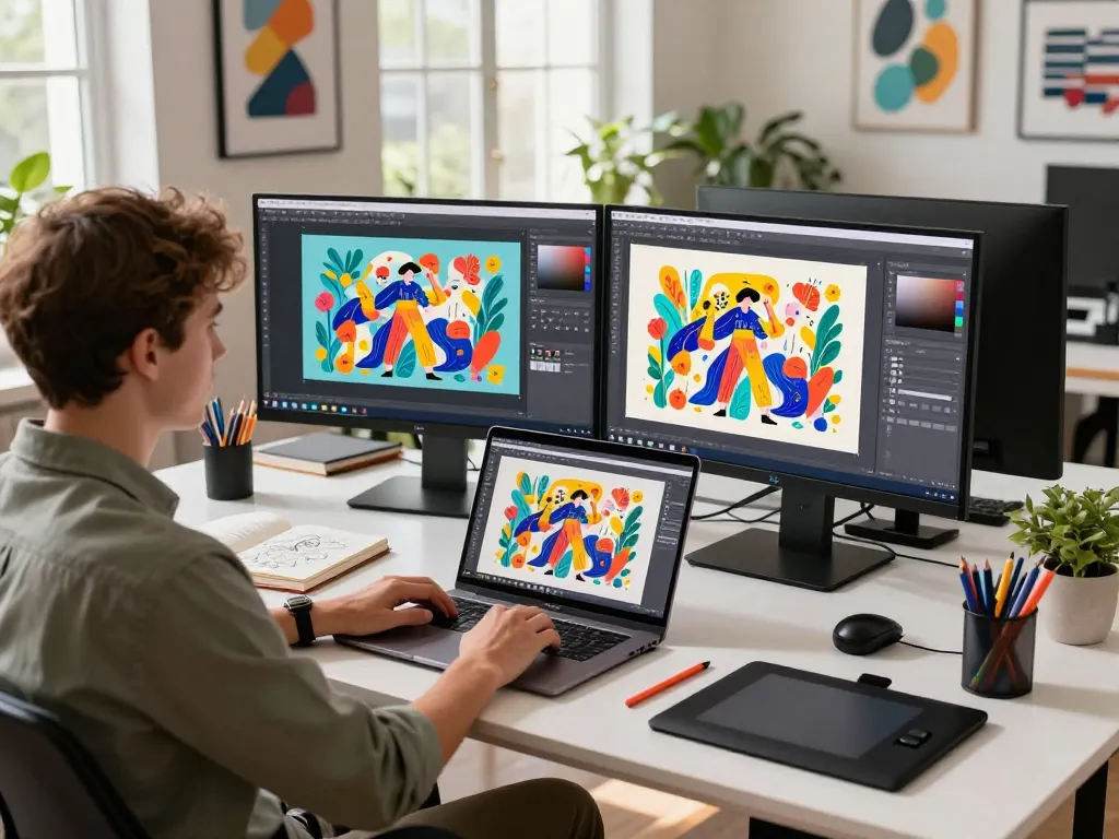 Graphic designer using nano banana 2 AI editor in a modern office full of vibrant illustrations and creative tools.