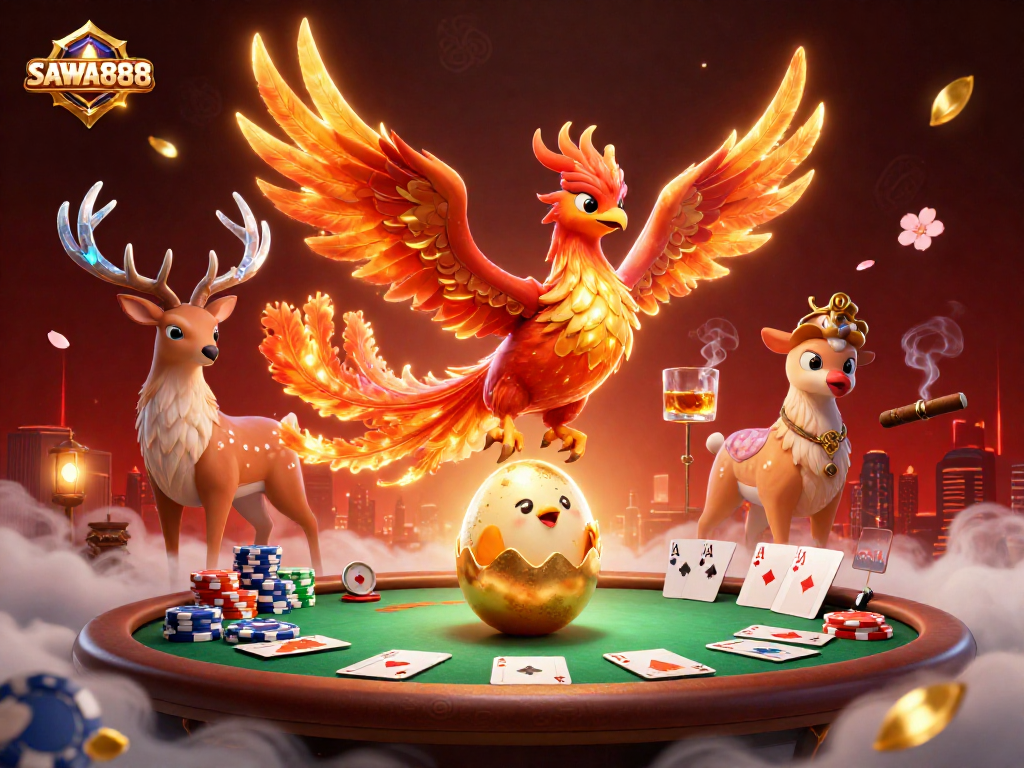 Engage with SAWA888 as the fire phoenix and mystical stag immerse players in a vibrant casino scene.